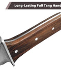 Close-up of Hori Hori Garden Knife With Leather Sheath And Handguard Pro Grade 440 Stainless Steel Blade handle, full tang design.