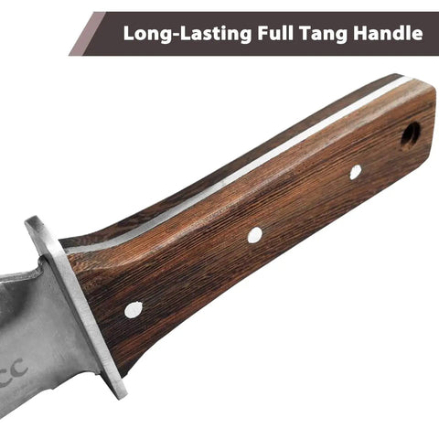 Close-up of Hori Hori Garden Knife With Leather Sheath And Handguard Pro Grade 440 Stainless Steel Blade handle, full tang design.