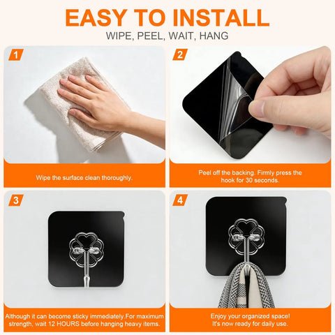Step-by-step guide to install Heavy Duty Adhesive Hooks Up To 50 LB Matte Black Wall Hangers With Strong Sticky Removable No Damage Waterproof And Reusable For Bathroom Kitchen Shower Outdoor Decor 8 Pack