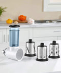 Effortless Slicer Shredder Attachment For Your Stand Mixer with three interchangeable blades in a kitchen setting.