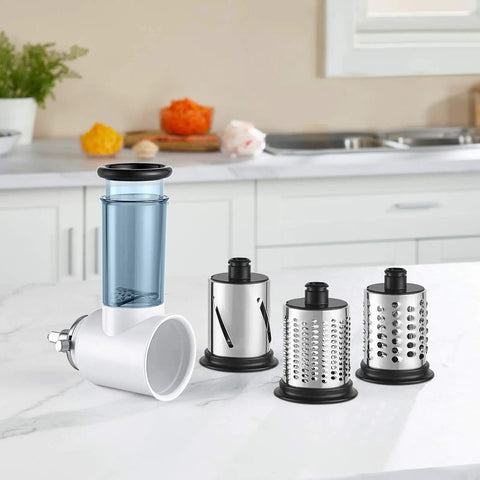 Effortless Slicer Shredder Attachment For Your Stand Mixer with three interchangeable blades in a kitchen setting.