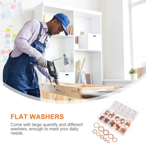 Dope Copper Flat Washer Kit Plus Oil Seal Gasket Set Featuring 200 Heavy Duty Rust Proof Sealing Washers Perfect For Automotive Repair Shops Or Home Diy Jobs To Fix Up Your Ride With Reliable Bonded Sealing Performance And Organized Tool Box Storage. Flat copper washers in storage case with mechanic using drill