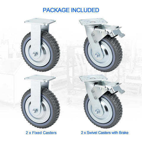 8 Inch Heavy Duty Caster Wheels Set With 2 Braked Swivel Casters And 2 Fixed Industrial Plate Casters Total Capacity 3500 Lbs 1600 Kg For Workbenches Carts Trolleys And Warehouse Equipment showing two fixed casters and two swivel casters with brakes in package included view.