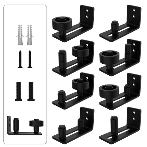 Black 12 Inch Barn Door Handle With Latch And Adjustable Floor Guide Kit for sliding doors, showing multiple guide components.