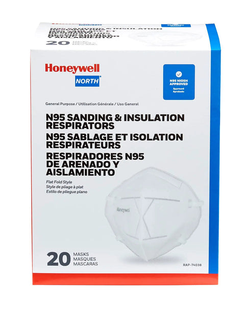 Box of N95 Flatfold Respirator Mask, 20 Pack, NIOSH Approved, White, One Size Fits All, showing packaging details and branding.