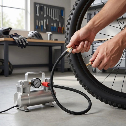 Heavy Duty Tire Inflator Extension Hose With Quick Connect Air Chuck Fits Car Motorcycle And Bike Easy Reach For Recessed Valves 16cm External Thread For Seamless Pump Up Jobs On Road Or Home Get Your Ride Road Ready Snappy Quick Fixes Done Now. Black braided hose connected to bike tire valve and air compressor in garage