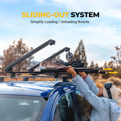 Heavy Duty Lockable Ski Racks With Slick Sliding Extension For Car Roof Secure Snowboard Transport Kit in use for easy loading.