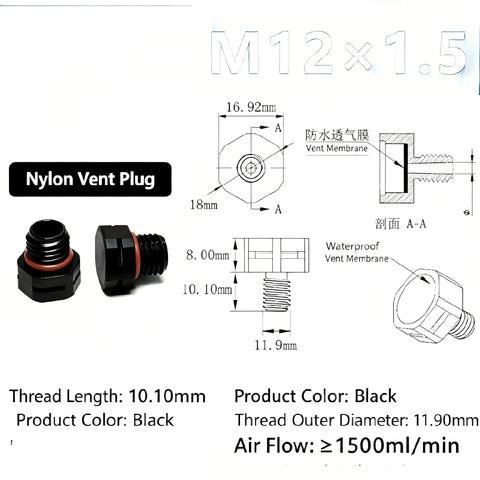 Four Piece Heavy Duty Black Breather Screws With Rock Solid Ip68 Waterproof Seals And M12X15 Threading. Close-up nylon vent plug.