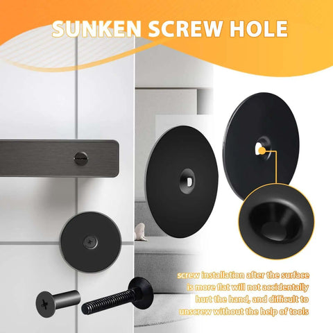 Black Door Hole Cover Plate, Heavy Duty Steel, 2 5/8 In Diameter, installation diagram showing screw fit