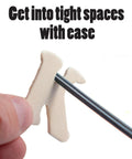 Pro Grade Flexible Sanding Twigs Kit 100 Pcs for Woodworking and Model Making in use, reaching tight space between letters.
