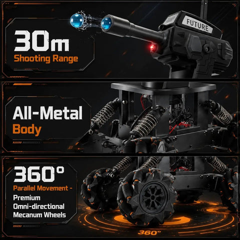 360 Degree Drifting RC Tank Kit For Teens And Beginners, Hands On STEM Robot Project with metal frame and omni-directional wheels.