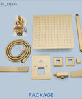 Complete set of Brushed Nickel Ceiling Mount Rainfall Shower Head System With 10 Inch Square Head, components laid out on a surface.