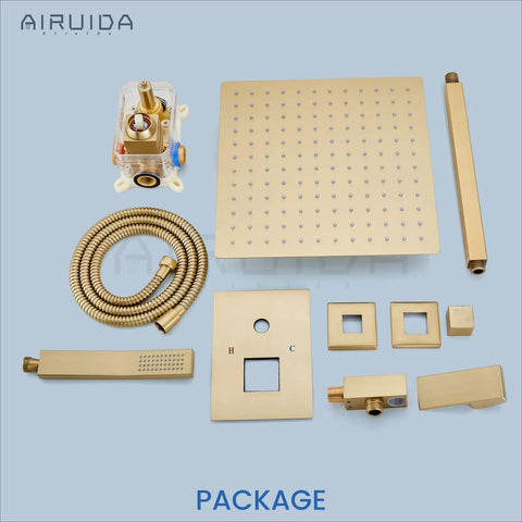 Complete set of Brushed Nickel Ceiling Mount Rainfall Shower Head System With 10 Inch Square Head, components laid out on a surface.
