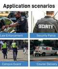 Application scenarios for 4K Body Camera With Gps And Night Vision For Police Usa showing law enforcement, security, campus guard, and courier delivery.