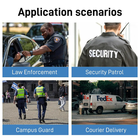 Application scenarios for 4K Body Camera With Gps And Night Vision For Police Usa showing law enforcement, security, campus guard, and courier delivery.