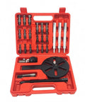 Badass Heavy Duty Universal Bearing Extractor Puller Tool Kit Includes Interchangeable Arms And Rugged Case Perfect For Pro Mechanics And Home Garage To Yank Stuck Bearings Away Without Pain With Strong Central Plates Forcing Screw Auto Tools. red case with metal arms and plates