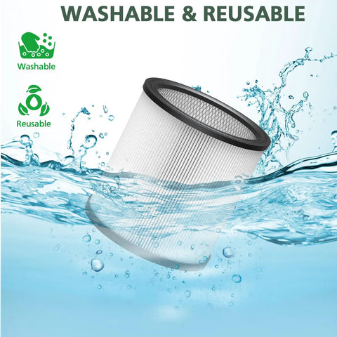 2 Pack DXVC6910 Cartridge Filter Replacement for 6 to 16 Gallon Wet Dry Vacuums shown washable and reusable in water