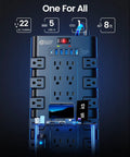 Eight Foot Power Strip Do It All Surge Protector with Twenty Two Outlets and Six USB Ports for All Your Gear, black.