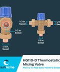 Half Inch Thermostatic Mixing Valve With Sweat Connections And Barb Fittings, Integral Checks, Brass Plumbing Fitting HG110-D