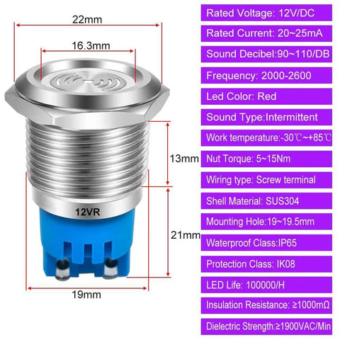 2 Pack DC 12V 19mm Waterproof IP65 Red LED Flash Indicator Light With Buzzer 90dB Alarm Built Tough Stainless Steel Panel Mount