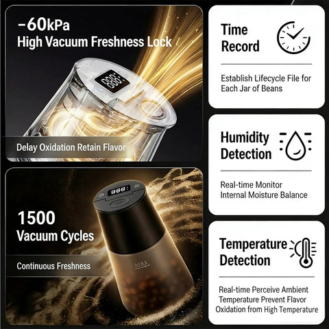 Smart Vacuum Coffee Canister For Beans Nuts And Tea 650 Ml Airtight Food Storage Jar with vacuum features and digital display.