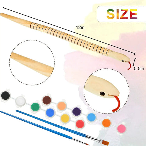 Ten Piece Unfinished Wooden Snakes Craft Kit With Jointed Wiggly Bodies, Includes 12 Color Acrylic Paints And Two Brushes For Arts