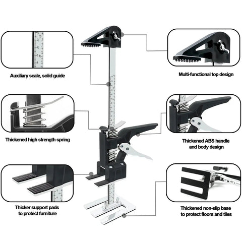 Heavy Duty Furniture Lifter Jacks 2 Pack showing design features, including auxiliary scale, springs, and non-slip base, 15.5-inch portable tool.