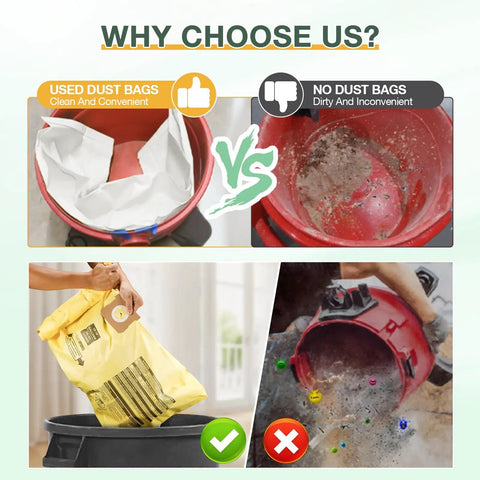 Comparison of clean vacuum with 10 Pack 10-14 Gallon Vacuum Bags for Wet Dry Vacuums and dirty vacuum without bags
