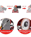 No Fluff 370W Electric Angle Grinder For Sharpening Circular Saw Blades And Hard Alloy Bits 220V 2850 RPM showing control handle position and working diameter details.