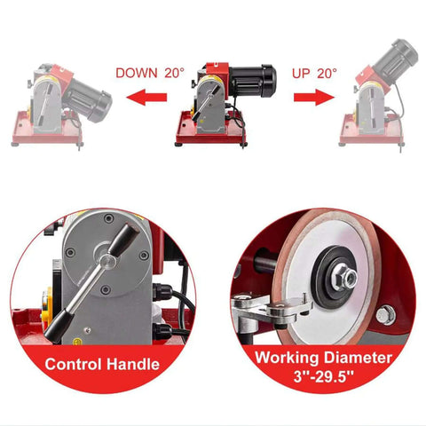 No Fluff 370W Electric Angle Grinder For Sharpening Circular Saw Blades And Hard Alloy Bits 220V 2850 RPM showing control handle position and working diameter details.