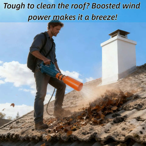 Man using Airflow Booster Turbo Extension for leaf blowers, fitting 2 to 4 inch nozzles, on roof for debris removal.