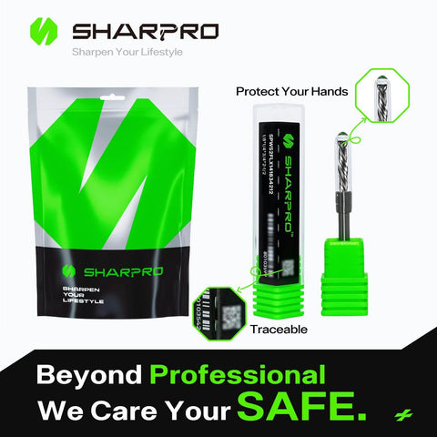 SHARPRO CNC router bit, 1/4 in shank and 1/8 in cutting dia, solid carbide; green grip, with packaging
