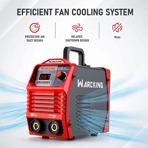190 Amp Dual Voltage Digital Stick Welder with efficient fan cooling, red and black design, front view