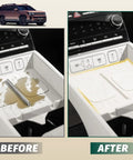 Before and after shot of Hyundai Santa Fe 2024-2026 center console with cup holder insert and wireless charging pad protector.
