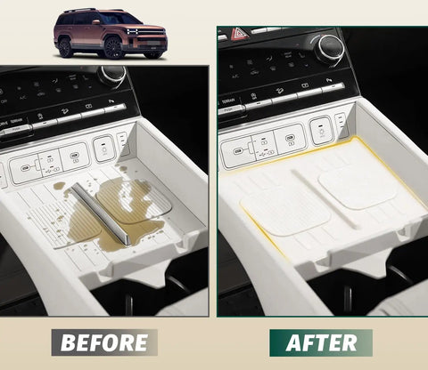 Before and after shot of Hyundai Santa Fe 2024-2026 center console with cup holder insert and wireless charging pad protector.