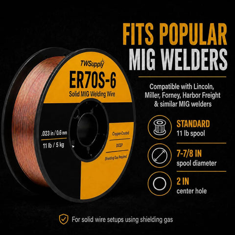 ER70S-6.023 Inch Copper Coated Solid MIG Welding Wire For GMAW, 11 Lb Spool, fits popular MIG welders.