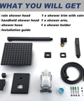 Matte Black Shower System With 10 Inch Rain Shower Head And High Pressure Faucet Set All Metal Brass Handheld 16 Inch Shower Arm 60 Inch Stainless Hose Complete Shower Fixture Trim For A Premium Bathroom Spa Upgrade components overview