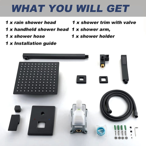 Matte Black Shower System With 10 Inch Rain Shower Head And High Pressure Faucet Set All Metal Brass Handheld 16 Inch Shower Arm 60 Inch Stainless Hose Complete Shower Fixture Trim For A Premium Bathroom Spa Upgrade components overview