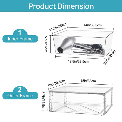 Stay Flawlessly Organized With These Hella Spacious Clear Stackable Storage Drawers 2 Pack Large Plastic Bins for Pantry Closet Heavy Duty Boxes For Daily Essentials with dimensions.