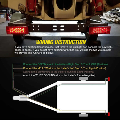 Installation instructions for Two Pack Submersible Rectangular LED Stop Tail Turn Signal Side Marker Lights For 12V RVs, showing wiring diagram.