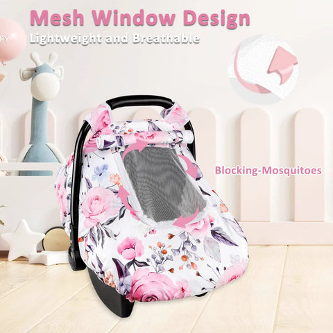 Girls Car Seat Cover Pea Pod Infant Canopy With Dual Windows And Breathable Mesh Lightweight Polyester With Floral Design