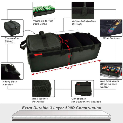 Heavy Duty Trunk Organizer With 28 Can Capacity Leak Proof Cooler, Rigid Base, Adjustable Dividers, 30 Inch Wide By 15 Inch Deep, Built For Cars SUVs And Minivans, Lifetime Warranty, Designed In USA, showing features and dimensions.