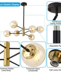Six Light Amber Glass Globe Sputnik Chandelier with black and gold details, E26 base view, adjustable pipes for diverse ceilings.