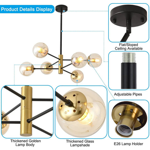 Six Light Amber Glass Globe Sputnik Chandelier with black and gold details, E26 base view, adjustable pipes for diverse ceilings.