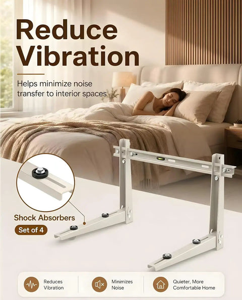 Heavy Duty Mini Split Wall Mount Bracket for Outdoor Units with anti vibration pads shown reducing noise in a bedroom setting.