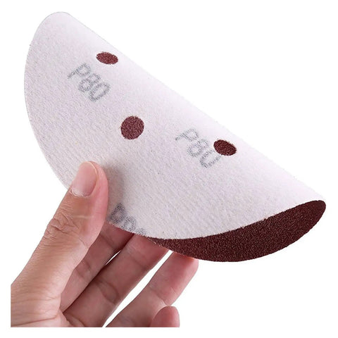 Premium 6 Inch Hook And Loop Sandpaper Discs Set, showing P80 grit aluminum oxide sandpaper held in hand.
