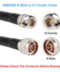 N Male To N Female RF Coax Cable 50 Ohm KMR400 Low Loss Extension connectors displayed, highlighting N Male and N Female ends