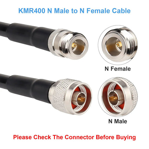 N Male To N Female RF Coax Cable 50 Ohm KMR400 Low Loss Extension connectors displayed, highlighting N Male and N Female ends