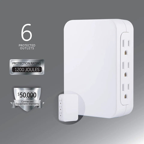 Six Outlet Surge Protector Wall Tap Extender With Side Access, 1500 Joules, 2 Pack, 3-Prong Plugs, UL Listed, White power strip