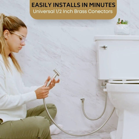 47 Inch Stainless Steel Bidet Hose Replacement Kit With Brushed Nickel Finish being installed by woman near toilet